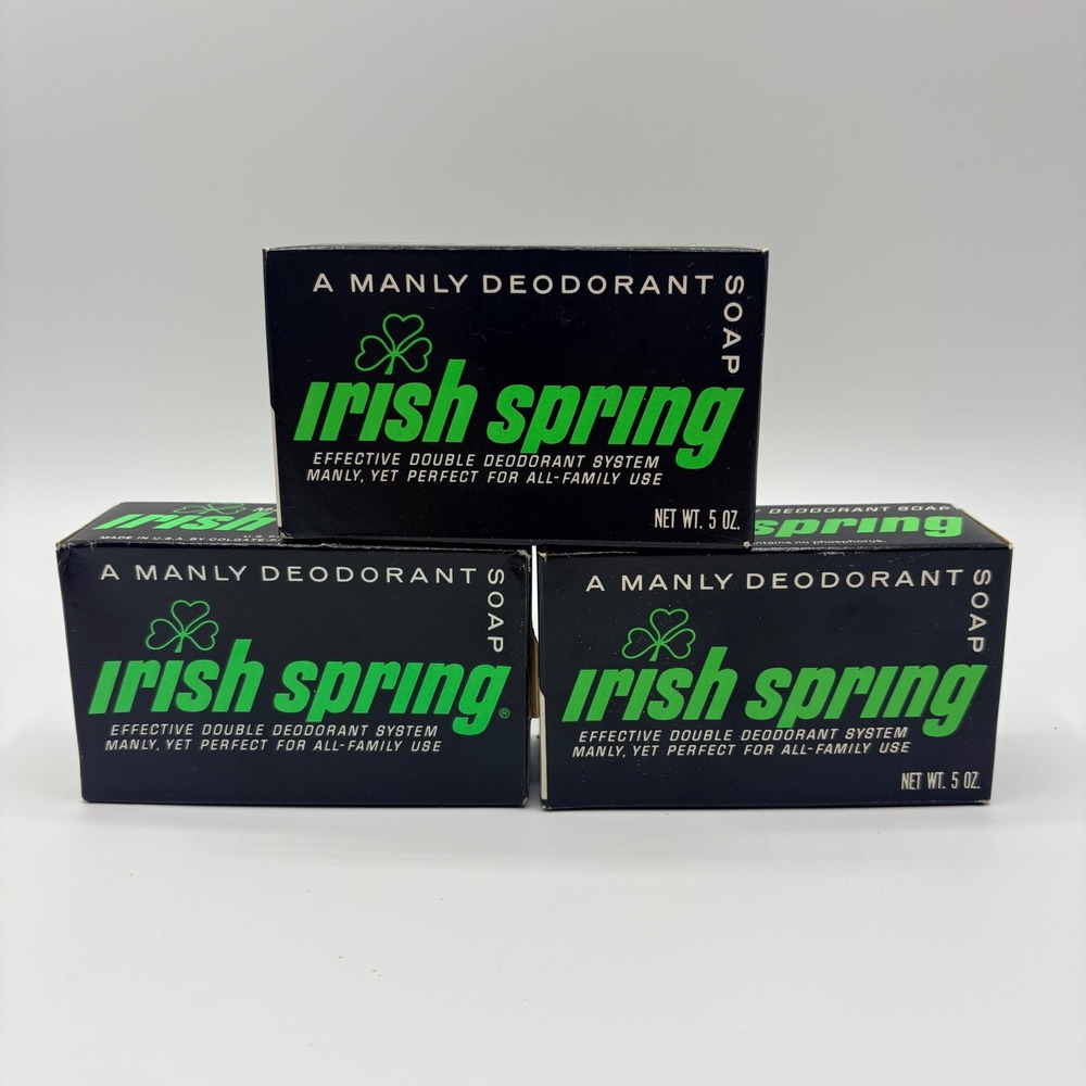 Irish Spring Deodorant Soap 3 Bar Lot Vintage 1970 Bath Size 5oz Green Black NOS
